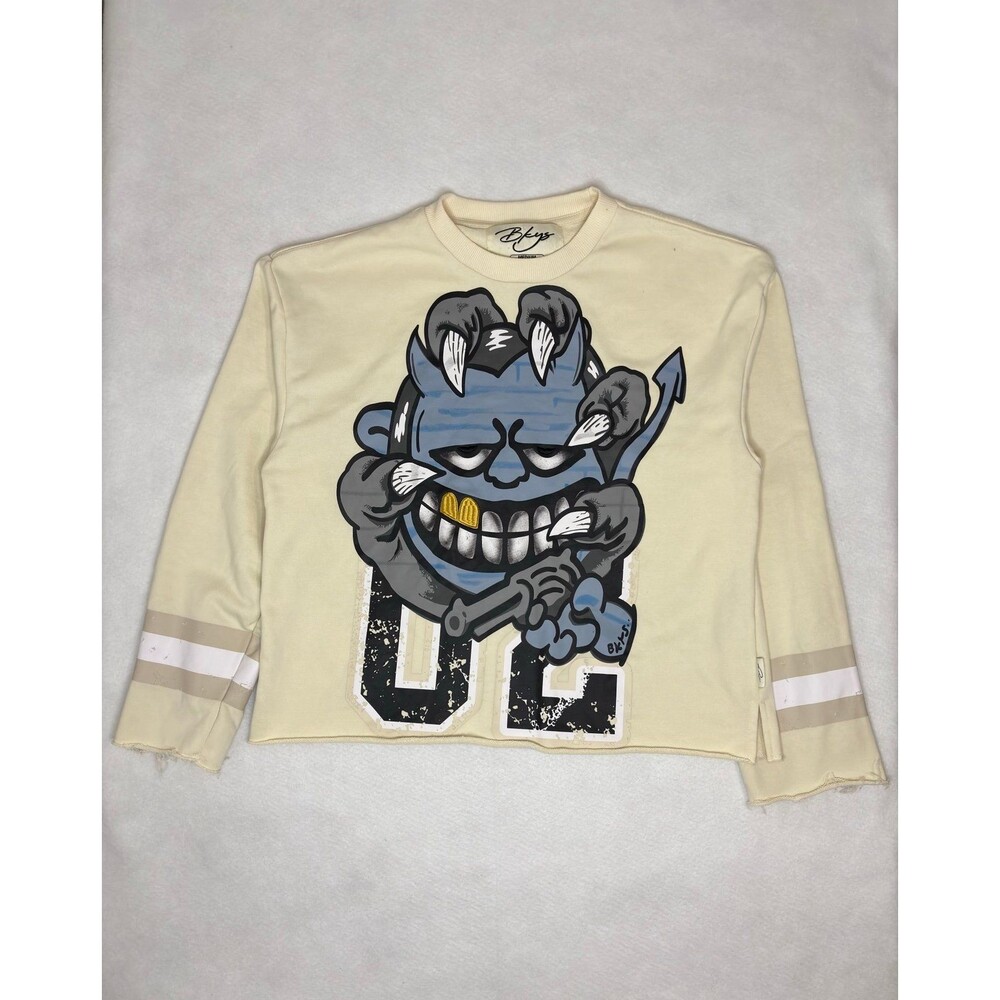Streetwear dual-Wielding Blue Devil Graphic Long Sleeve Crop Top, Size M